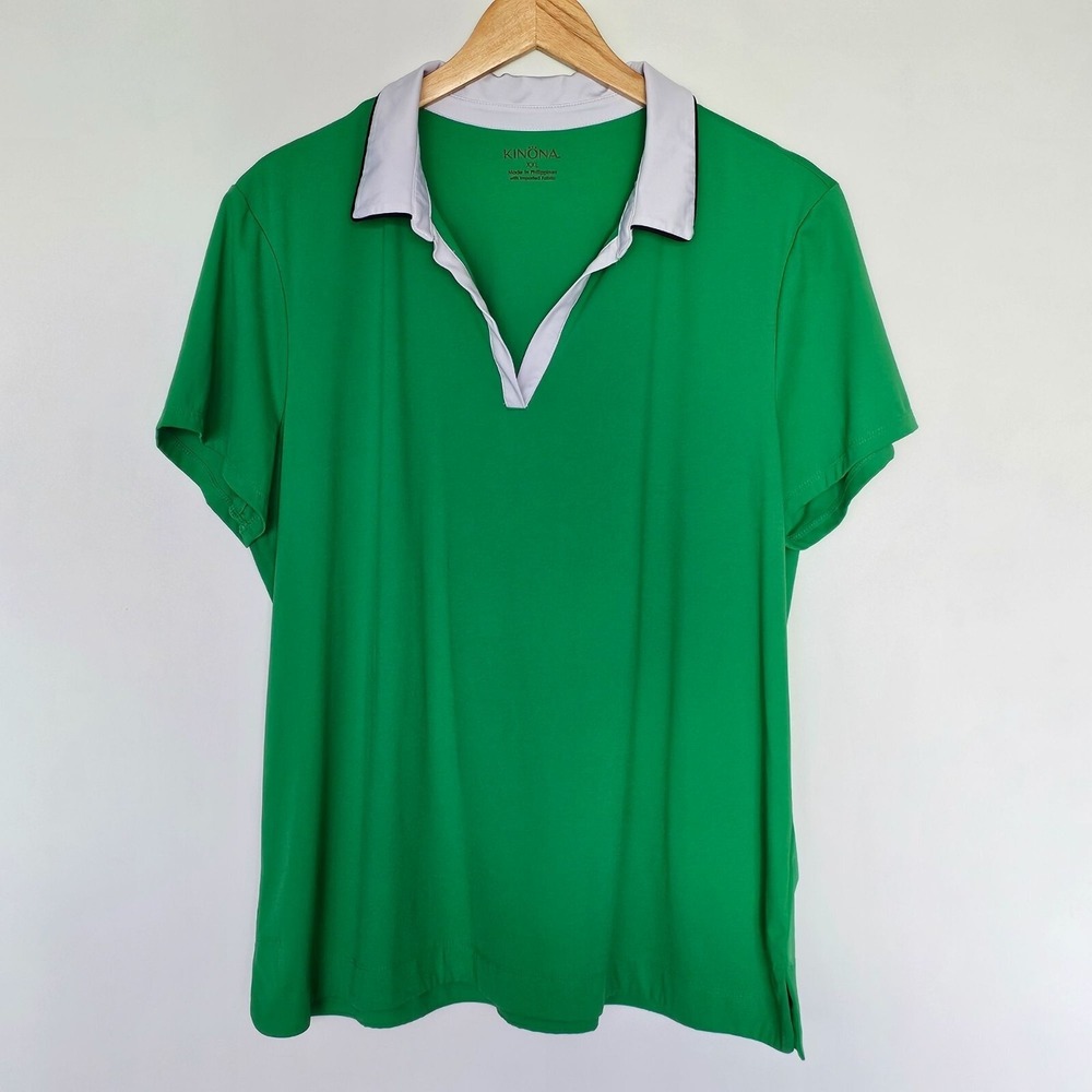 Kinona Polo Shirt Womens Size XXL Green White Golf Short Sleeve Preppy